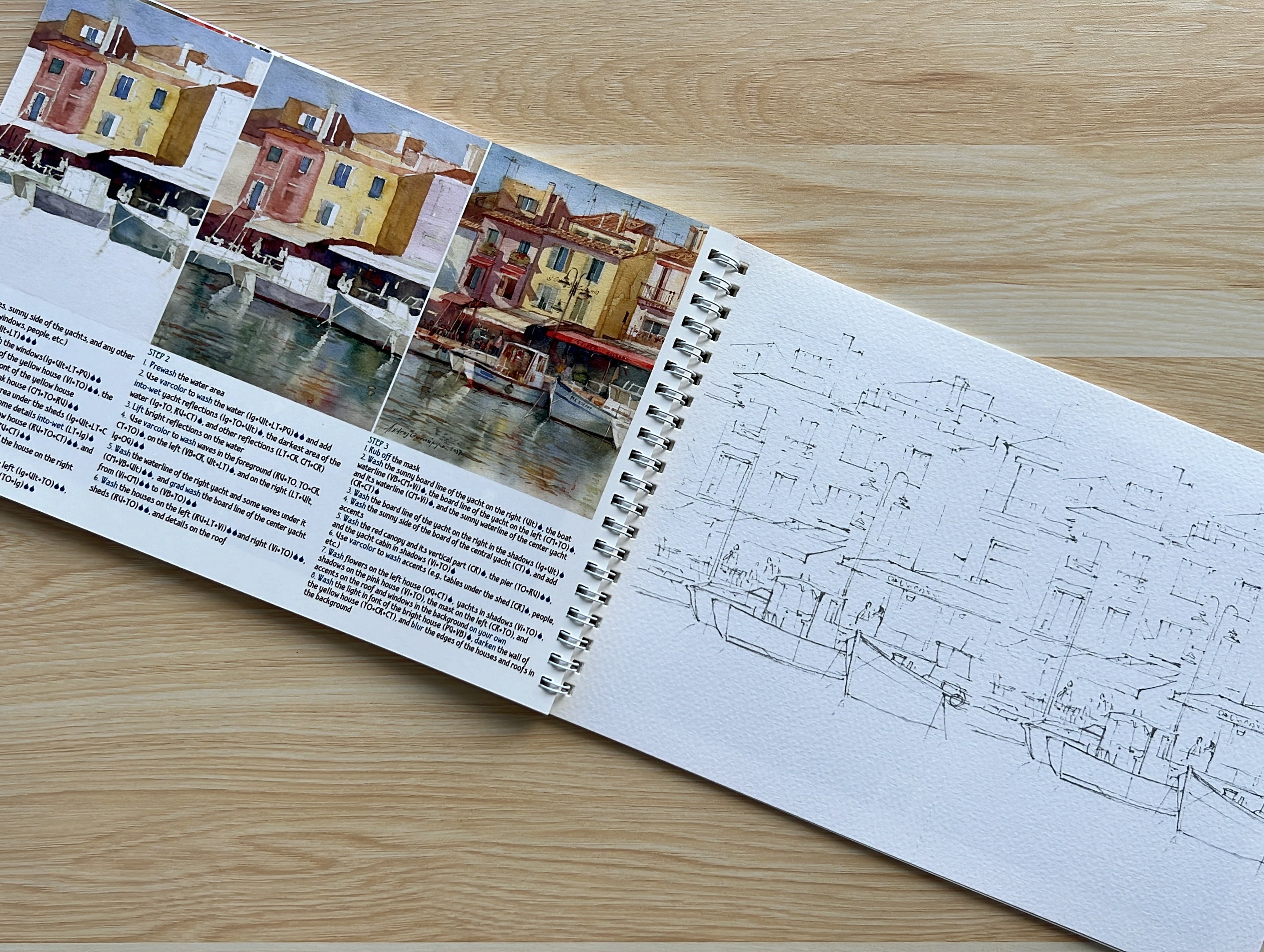 Workbook tutorial "Watercolor trip to France", 18x26 cm, printed on Premium Watercolor Paper, 16 step-by-step lessons by Award-Winning Artists