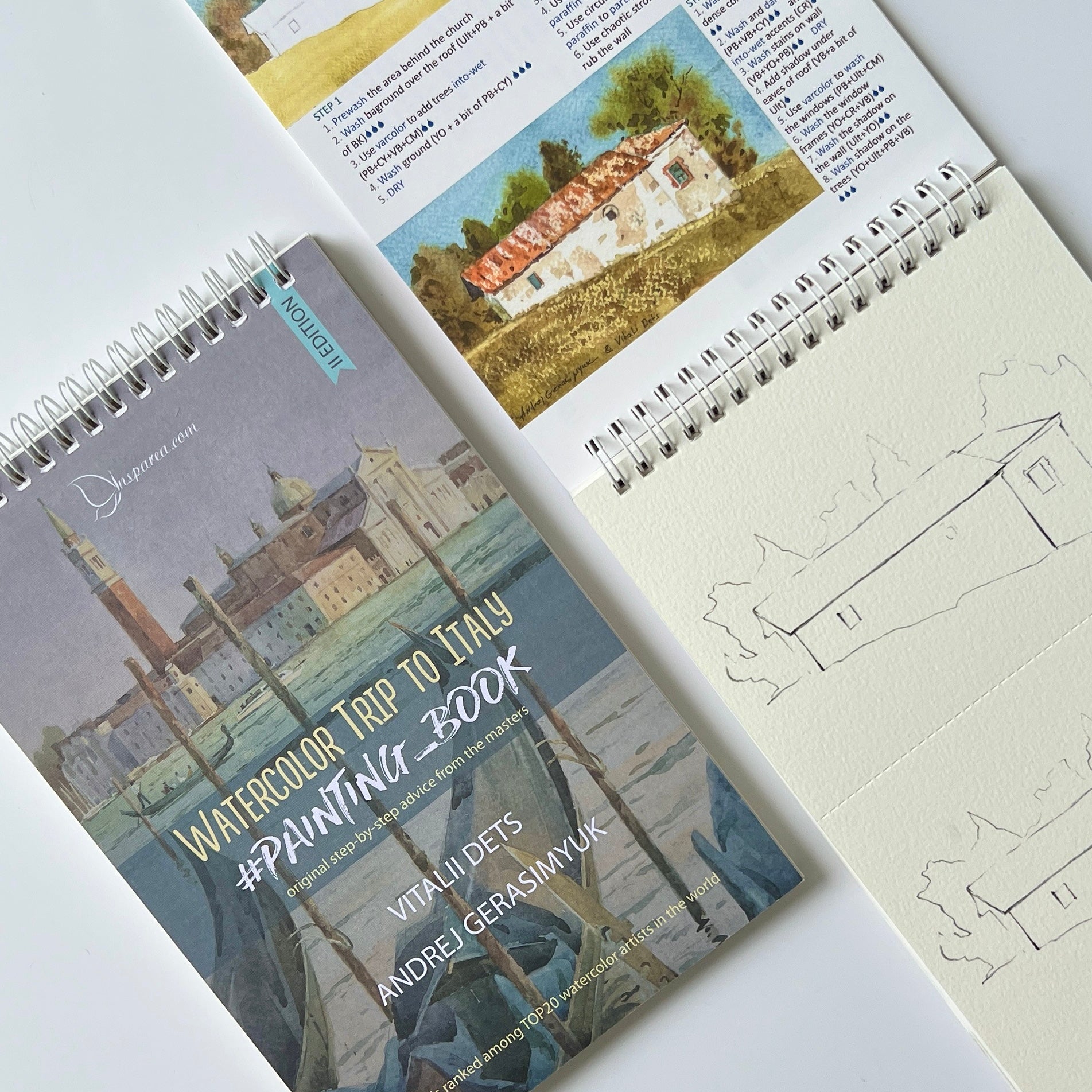 Workbook tutorial "Watercolor trip to Italy", 15x23 cm, printed on Premium Watercolor Paper 300 gsm, 17 step-by-step lessons by Award-Winning Artists